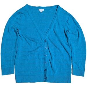 Merona Striped V-Neck Cardigan Women's Size L Turquoise Blue Long Sleeve